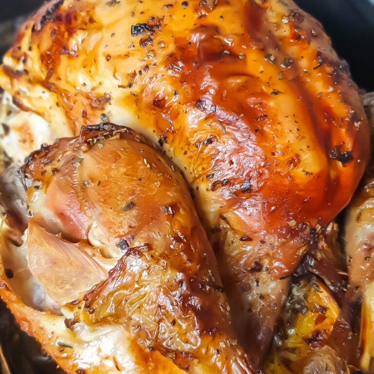 Whole roasted citrus turkey in a black baking tray.