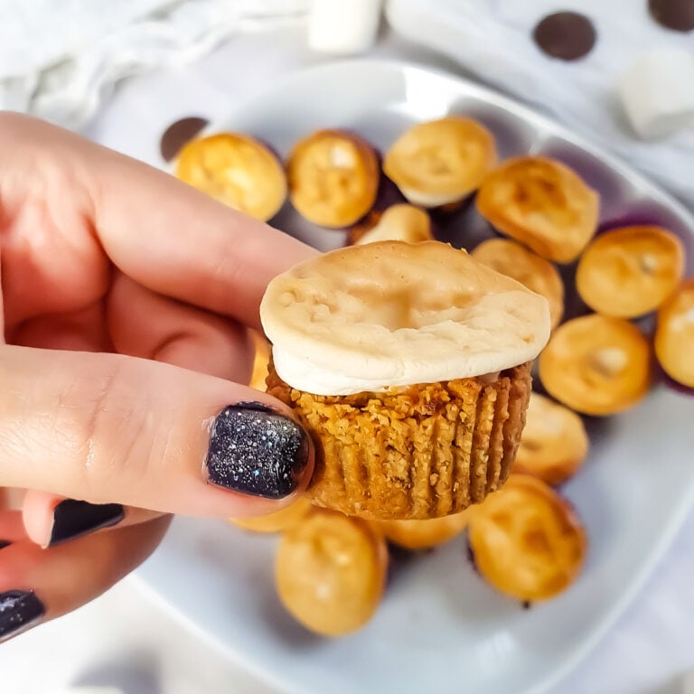 Hand holding a vegan s'mores cookie with mini vegan s'mores cookies in background.