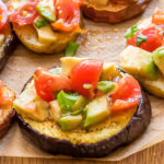 Keto bruschetta on parchment paper.