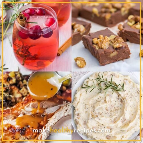 A collage with cranberry juice in a glass, chocolate walnut squares, roasted turkey with gravy, and mashed potatoes garnished with rosemary. Text at the bottom reads "makehealthyrecipes.com - Gluten-Free Christmas Recipes.