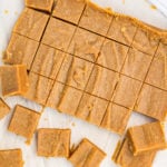 Overhead shot of keto peanut butter fudge in slices.