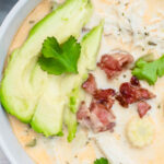 Overhead shot of keto white chicken chili in a grey bowl.