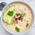 Overhead shot of keto white chicken chili in a grey bowl.