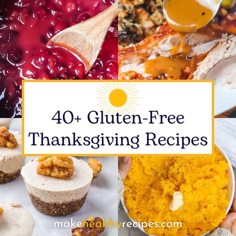 A vibrant collage showcases cranberry sauce, turkey with gravy, mini cheesecakes topped with walnuts, and mashed sweet potatoes. The text overlay proudly states "40+ Gluten-Free Thanksgiving Recipes".
