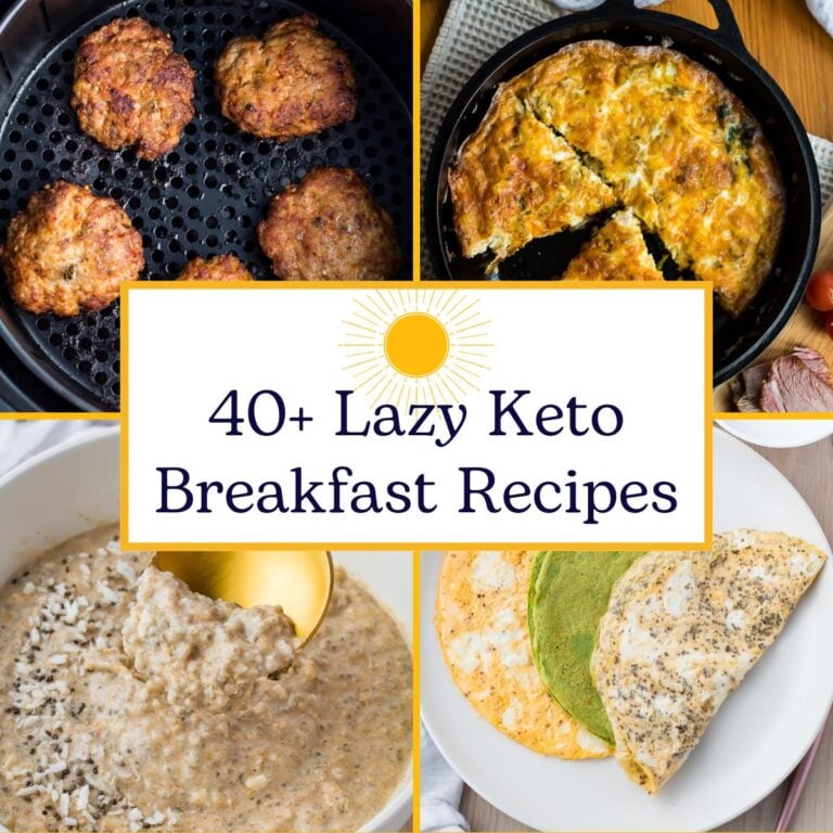 A collage of 4 photos with title saying 40+ lazy keto breakfast recipes.