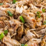 Braised shredded pork in a white bowl with green onions.