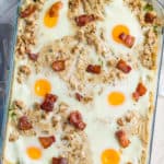 A Keto Breakfast Casserole dish filled with eggs and bacon.