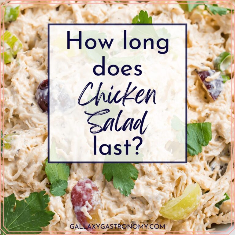 Chicken salad in the backgrounf with "how long does chicken salad last?" in a banner.