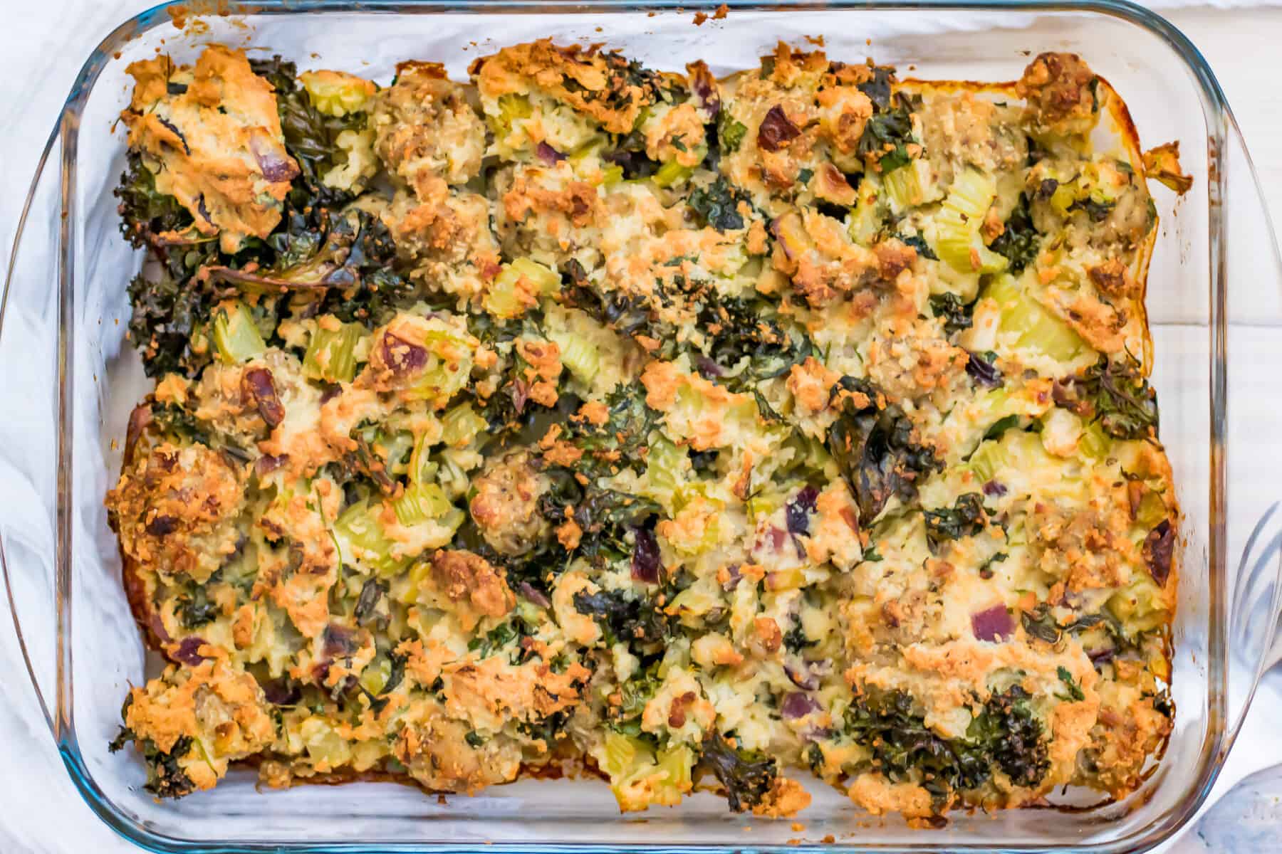 Overhead shot of stuffing in a casserole dish.