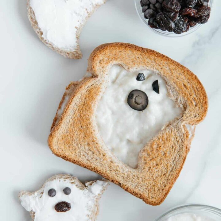 A white sandwich with a ghost face on it.