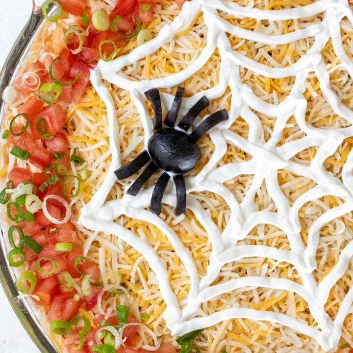 Halloween spider dip in a glass bowl.