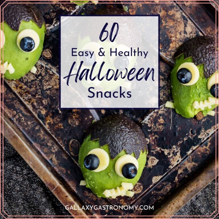 Frankenstein avocados with a banner that says "60 easy & healthy halloween snacks".