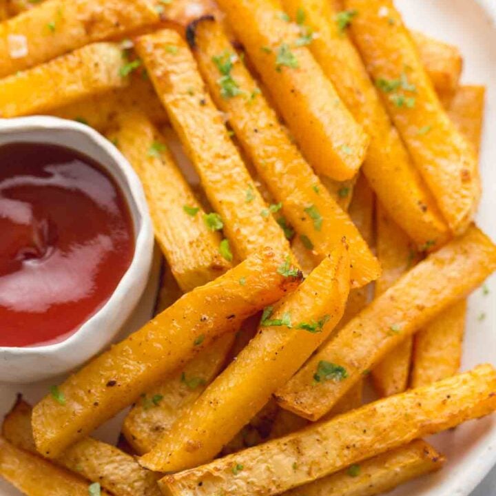 French fries with rutabaga recipes on a plate.