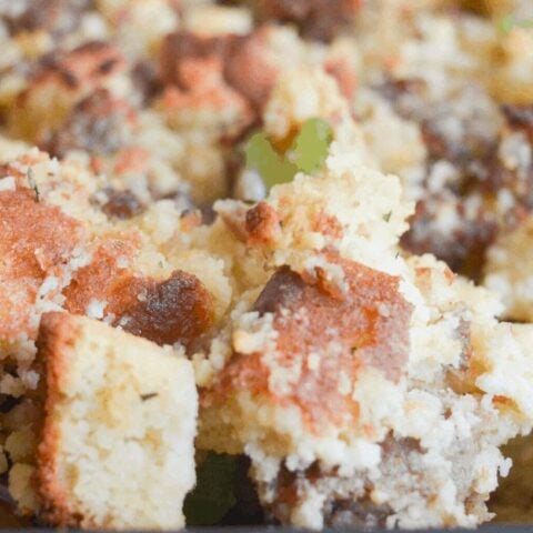 A keto casserole dish with a spoonful of stuffing.