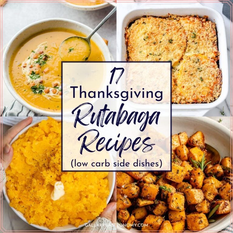 Collage of 4 photos with banner saying "17 thanksgiving rutabaga recipes (low carb side dishes)".