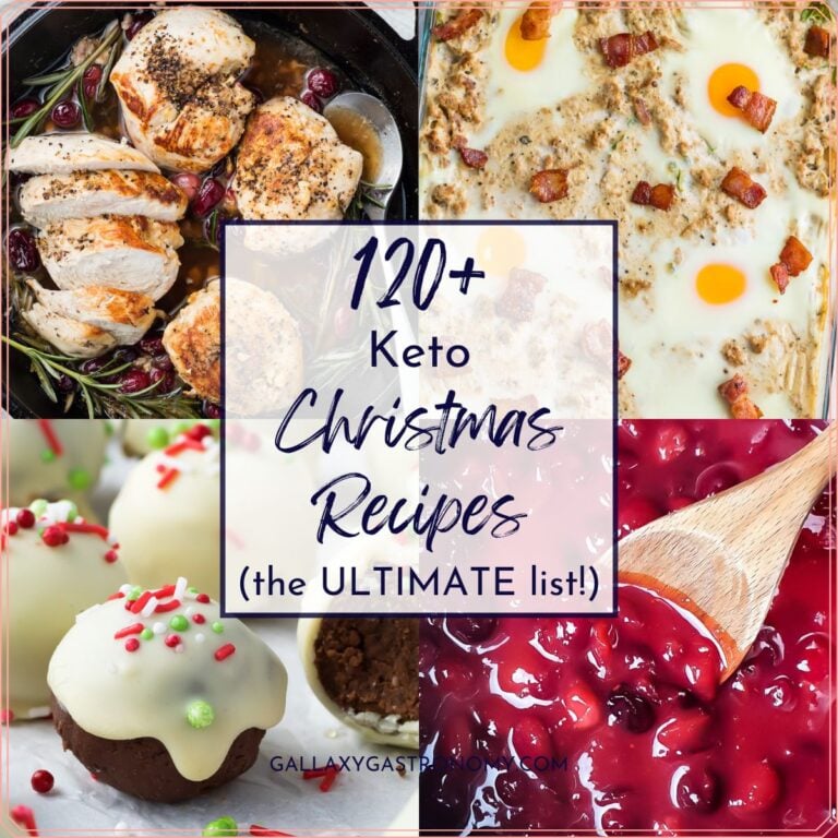 120+ keto christmas recipes cover, with a collage of 4 photos.