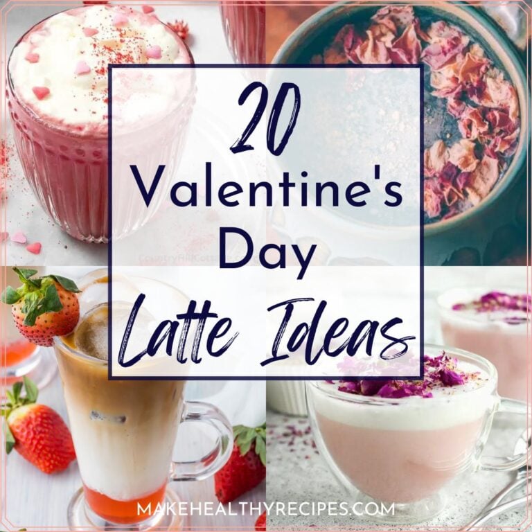 Collage of 4 photos with banner saying "20 valentine's Day Latte ideas".