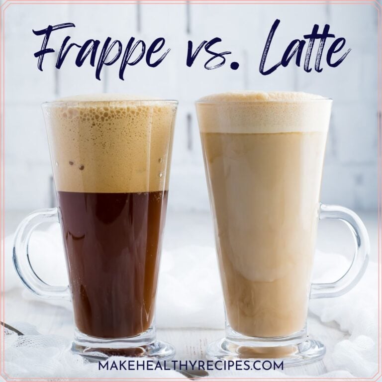 A photo of a latte and a frappe next to each other with the words "frappe vs. latte" at the top.