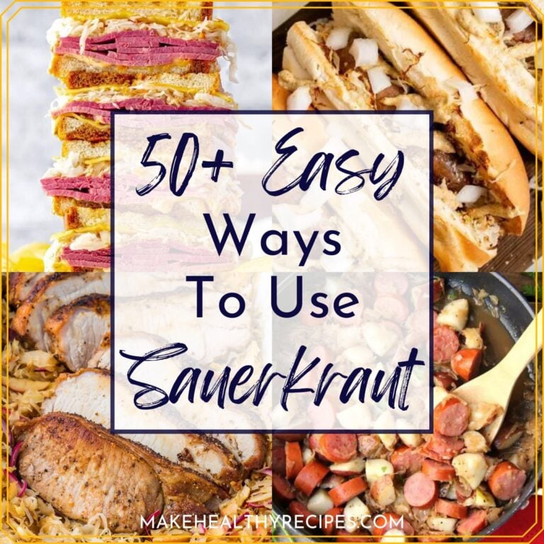 A collage of 4 photos with a banner saying "50+ easy ways to use sauerkraut".