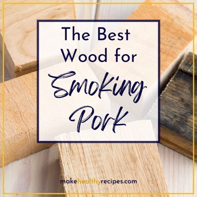 Wood chunks on a table with a banner saying "The best wood for smoking pork".