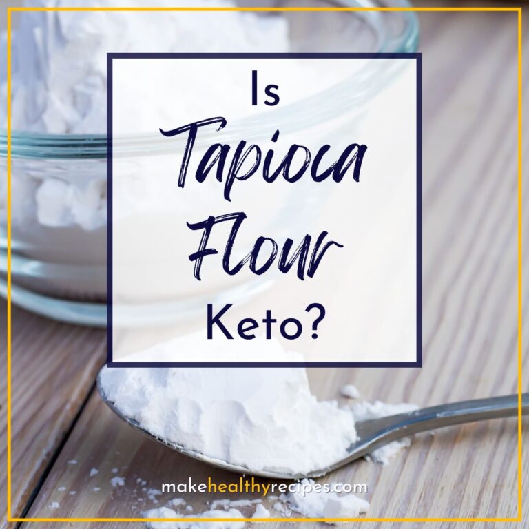 Photo of tapioca starch in a clear glass bowl and on a spoon with a banner saying "Is tapioca flour keto?".