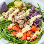 Healthy burger bowl in a white bowl.