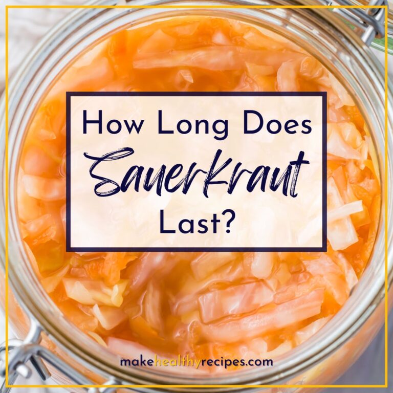 An open jar of sauerkraut on a table with a white cloth, with a banner saying "how long does sauerkraut last?"