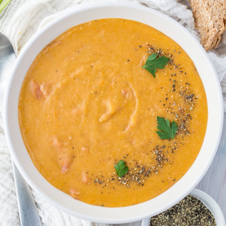 Overhead photo of instant pot lentil soup in a bowl.