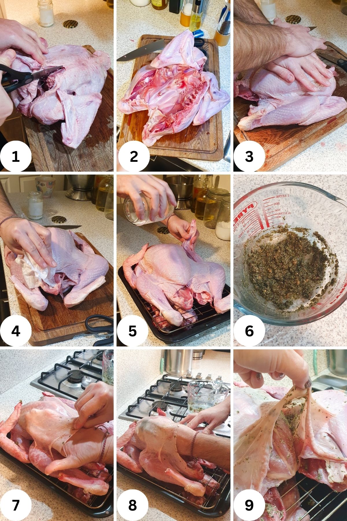 A step-by-step collage of preparing a smoked spatchcok turkey. Steps include trimming (1-3), applying seasonings (4-6), and stuffing under the skin (7-9). The sequence shows hands working on a kitchen counter.