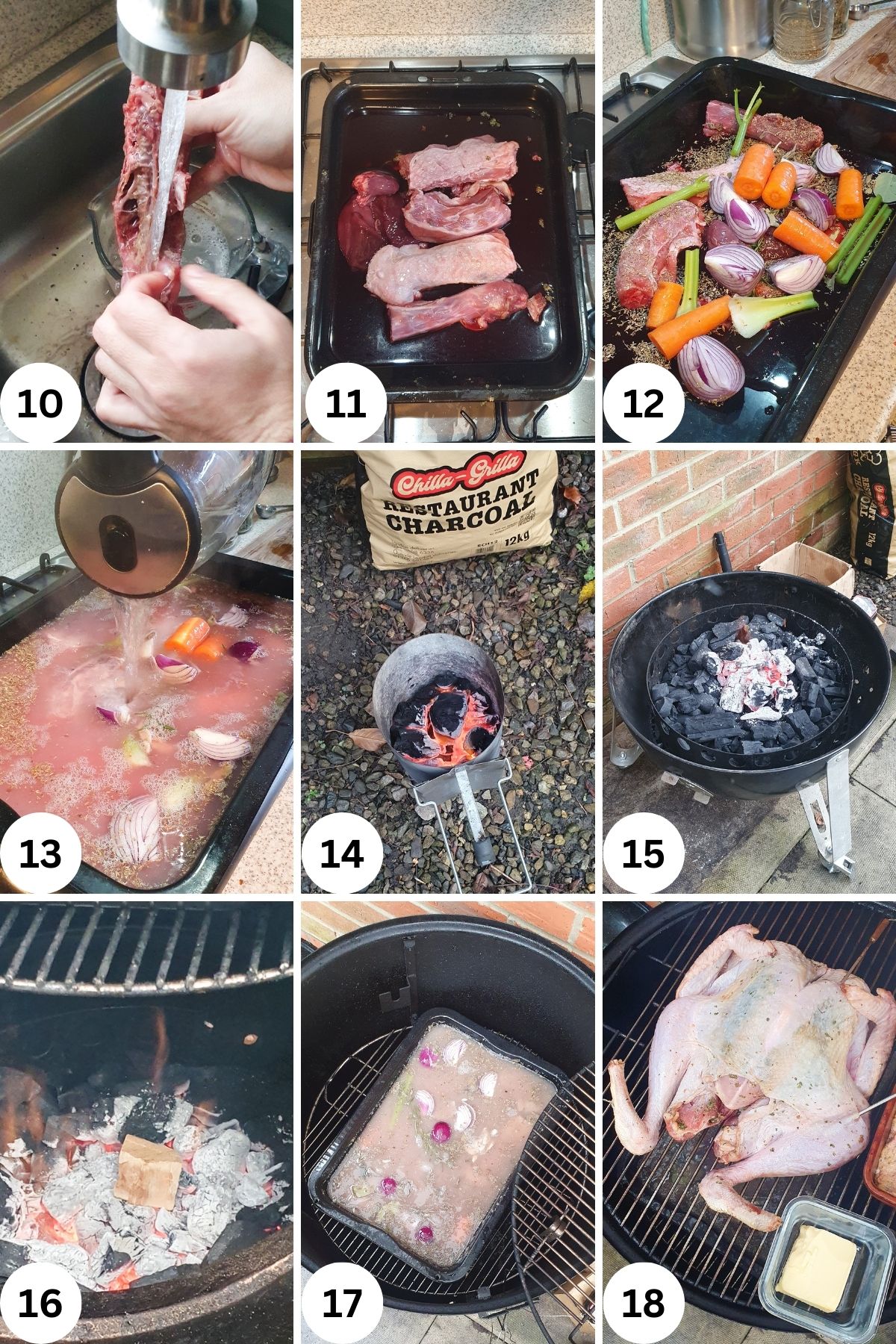 A collage of nine images showing food preparation. Images depict washing raw meat, placing meat and vegetables in trays, pouring liquid over meat, charcoal packaging, charcoal in a grill, wood chips, meat on a grill, and a seasoned raw bird ready to cook.