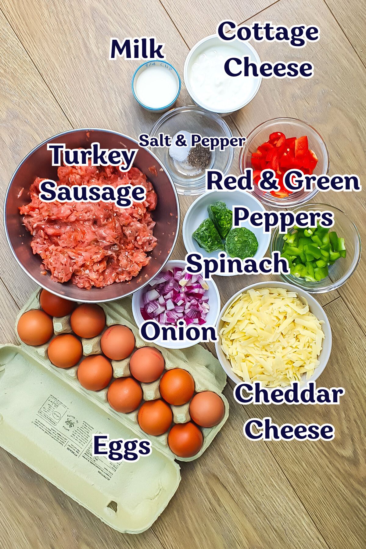 Ingredients for a recipe displayed on a wooden surface, including eggs, turkey sausage, onion, spinach, red and green peppers, cheddar cheese, cottage cheese, milk, salt, and pepper.