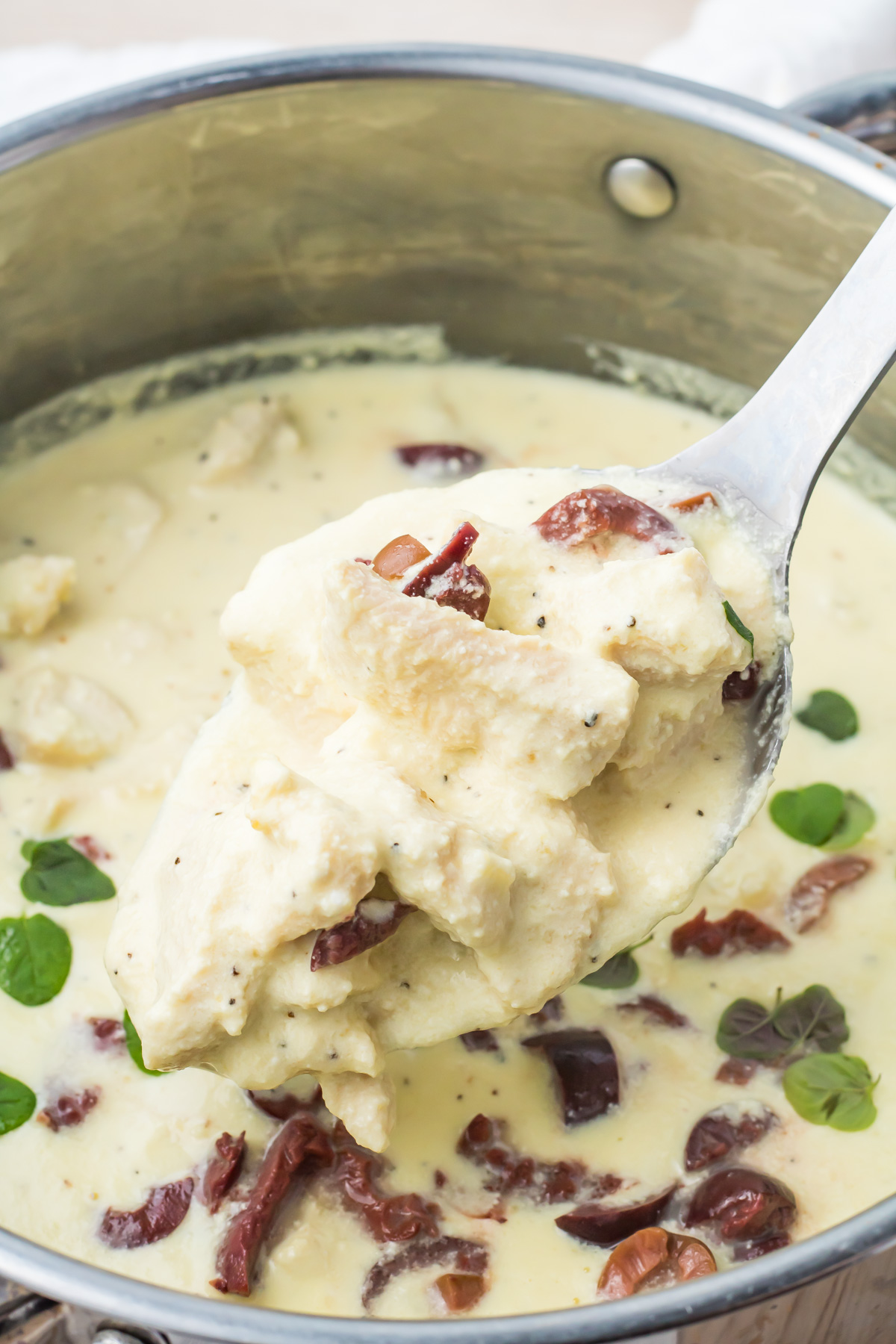 A metal ladle scoops creamy chicken in Greek yogurt sauce with kalamata olives from a stainless steel pot.