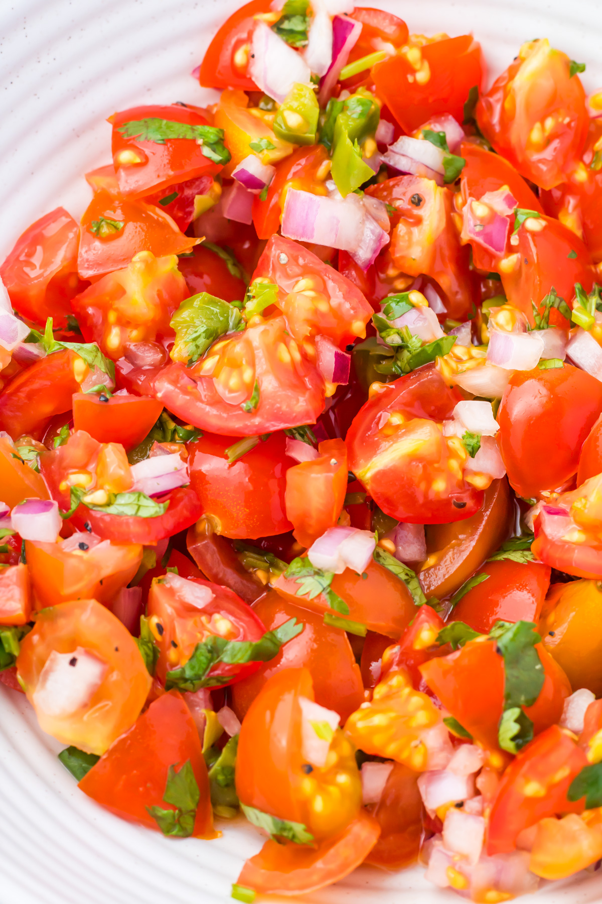 A close-up of taco salsa containing chopped tomatoes, red onions, and cilantro mixed together in a white bowl.
