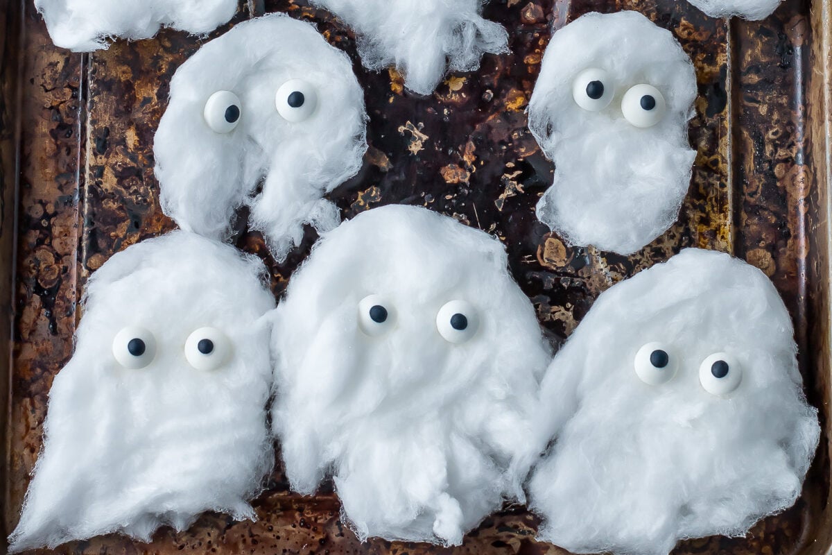 Cotton Candy Ghosts on a baking tray.