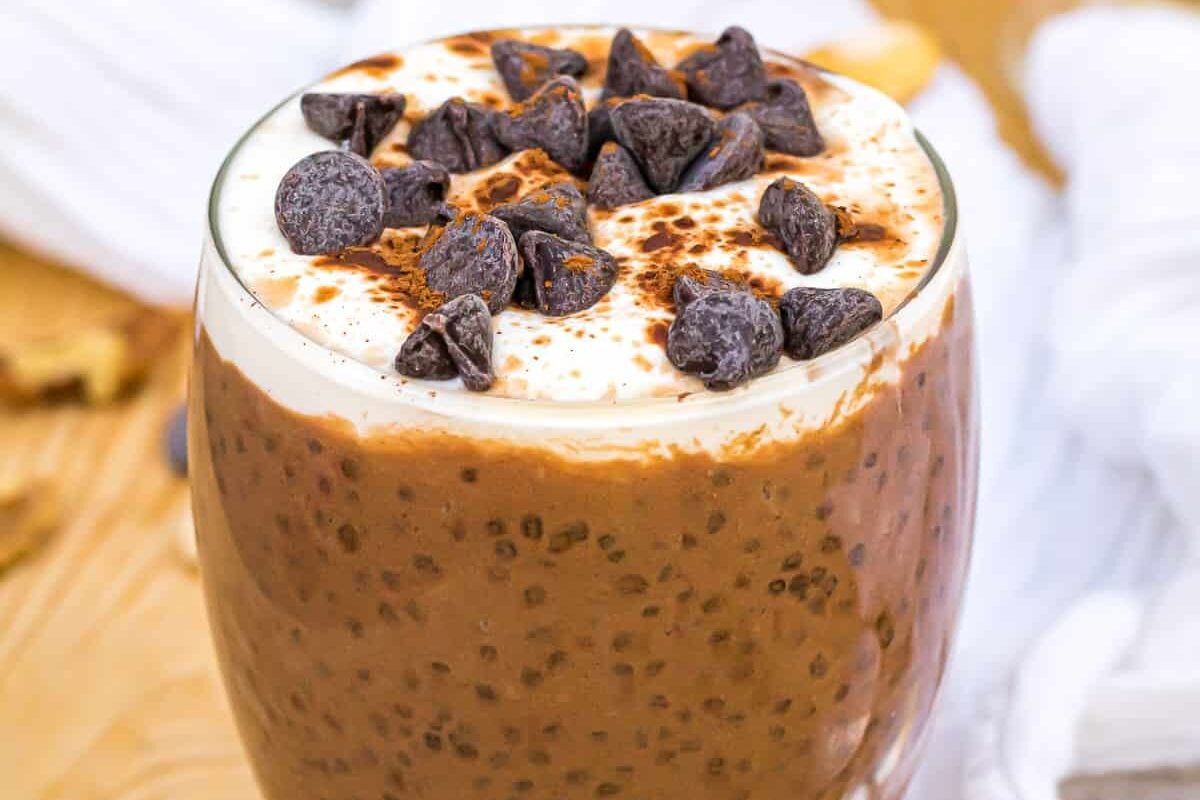 Keto chocolate chia pudding in a glass.