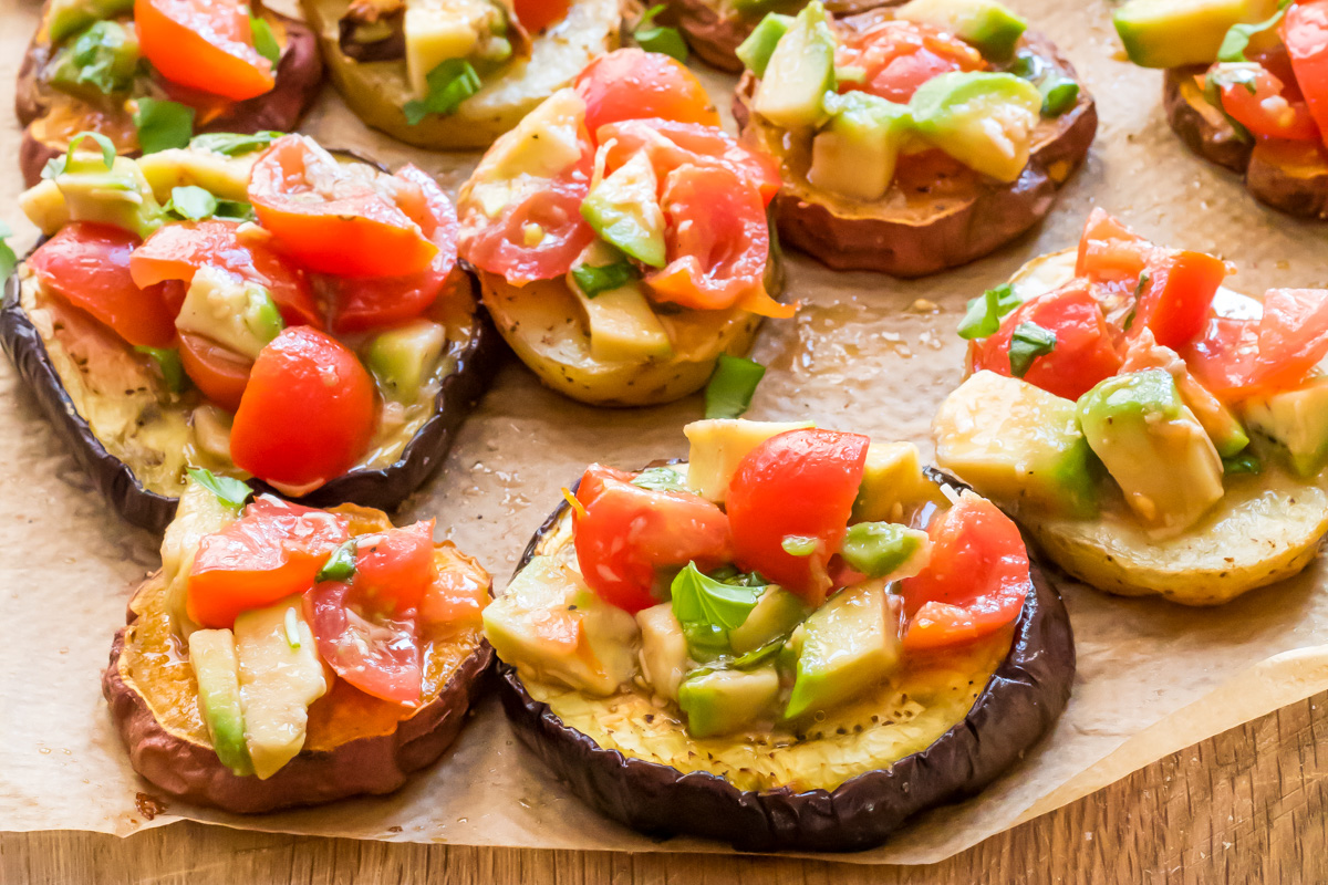 Bruschetta without bread on parchment paper.