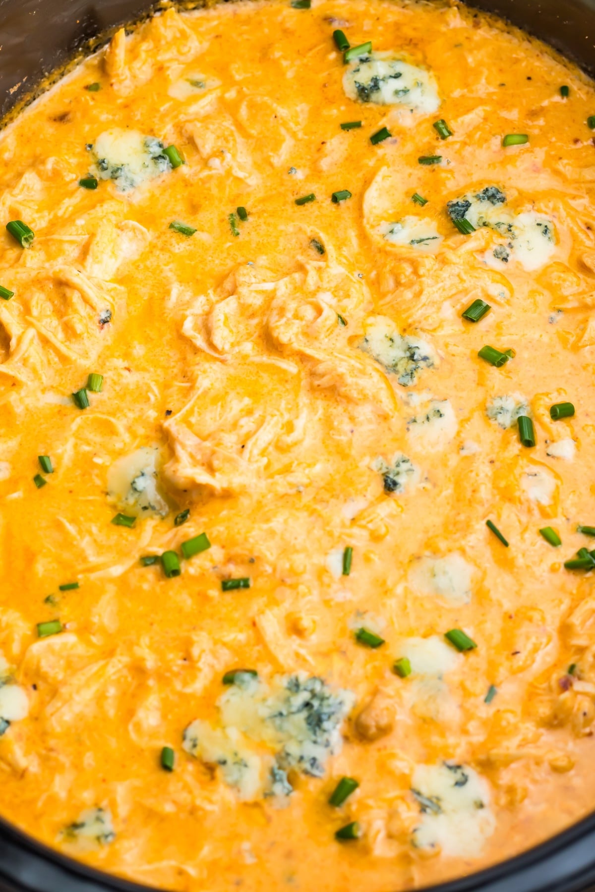 Close-up of crockpot buffalo chicken dip topped with melted blue cheese and sprinkled with chopped chives.