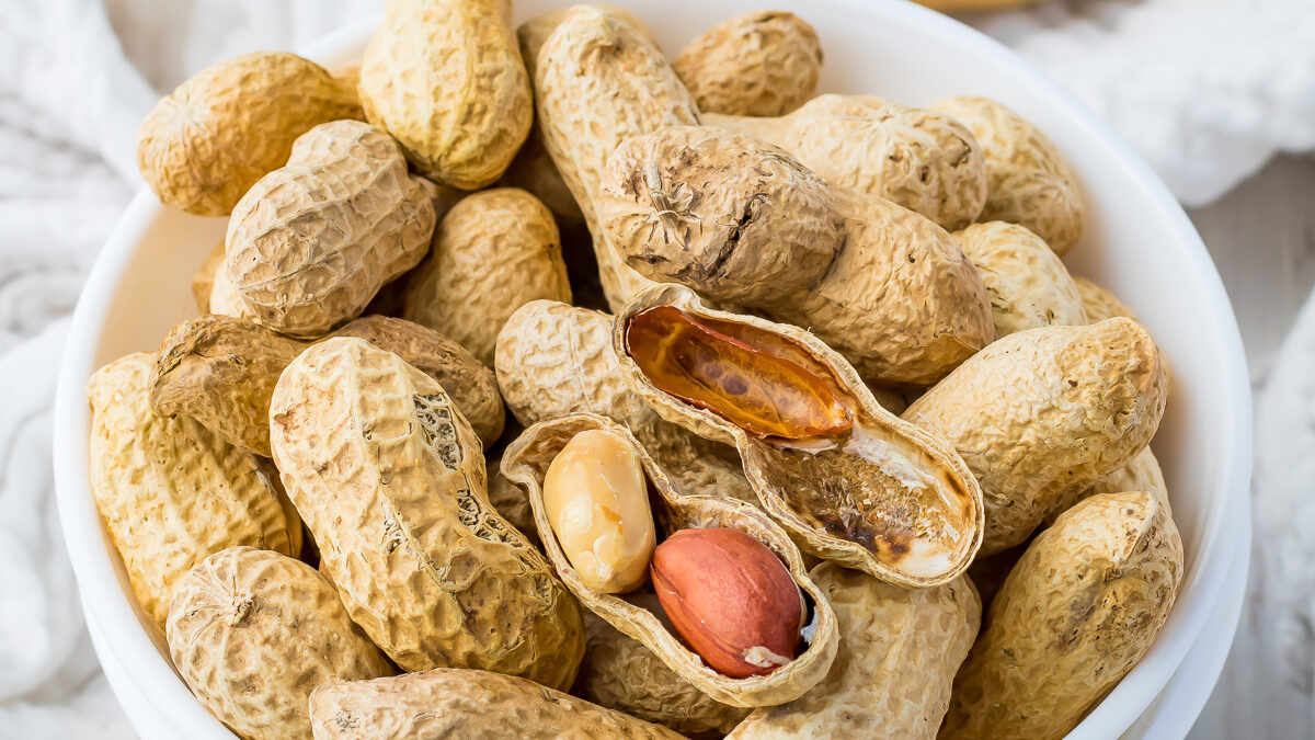 Peanuts in shell in a white bowl on a wooden table.