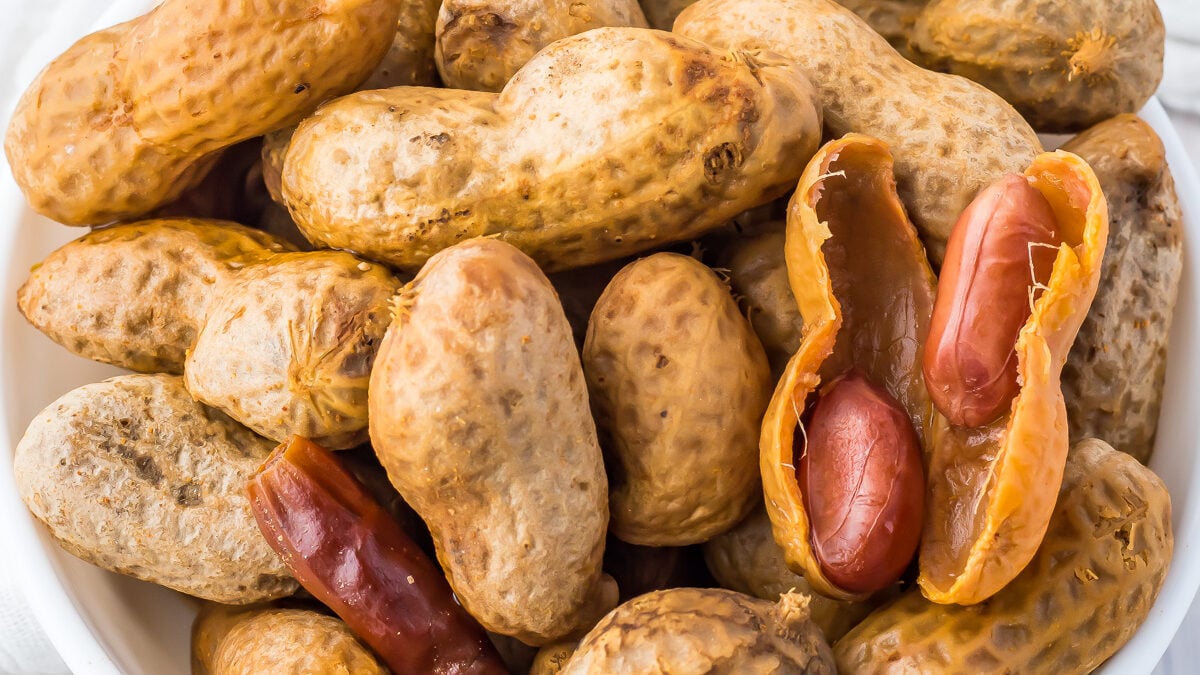 Instant Pot Boiled Peanuts in a bowl on a white background.