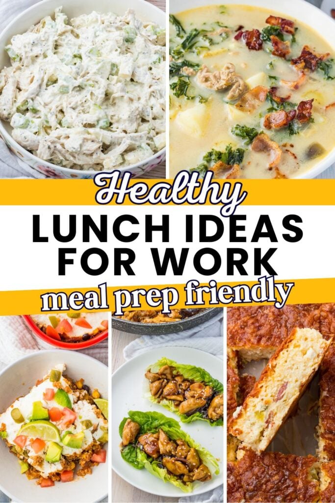 Collage of five healthy lunch dishes, including salads, soup, wraps, and a casserole, with text reading "Healthy Lunch Ideas for Work—low carb lunch ideas that are meal prep friendly.