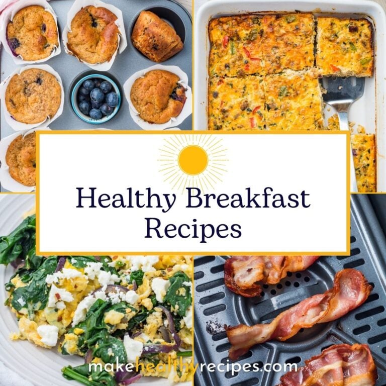 Collage of healthy breakfast foods—muffins, a baked egg dish, scrambled eggs with greens and feta, and cooked bacon—featuring the text “Healthy Breakfast Recipes”.