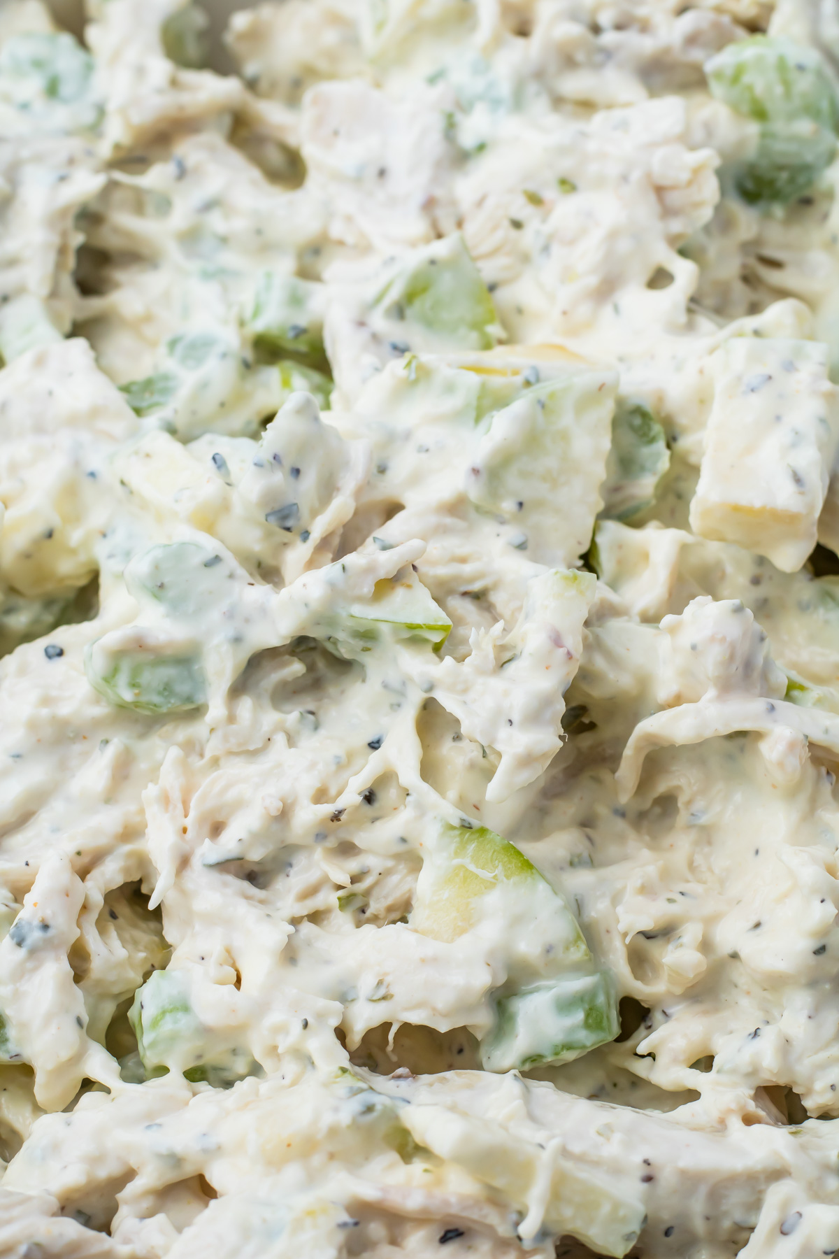 Close-up of a creamy Greek yogurt chicken salad with chunks of chicken, celery, and apple, all mixed in a dressing.