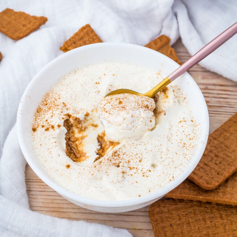 A bowl of 3 ingredient yogurt cheesecake topped with cinnamon, with a gold spoon inside and rectangular cookies around the bowl on a wooden surface.