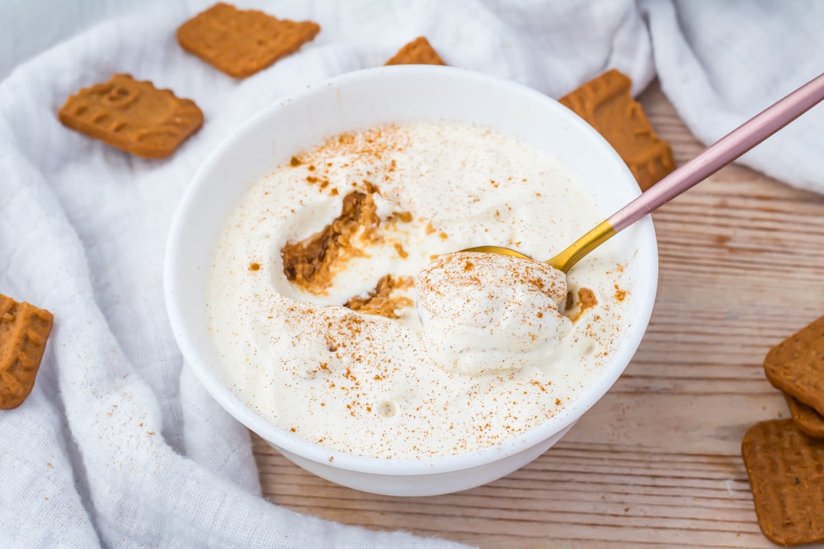 A bowl of 3 ingredient yogurt cheesecake topped with cinnamon, with a spoon inside and cookie pieces scattered around on a wooden surface.