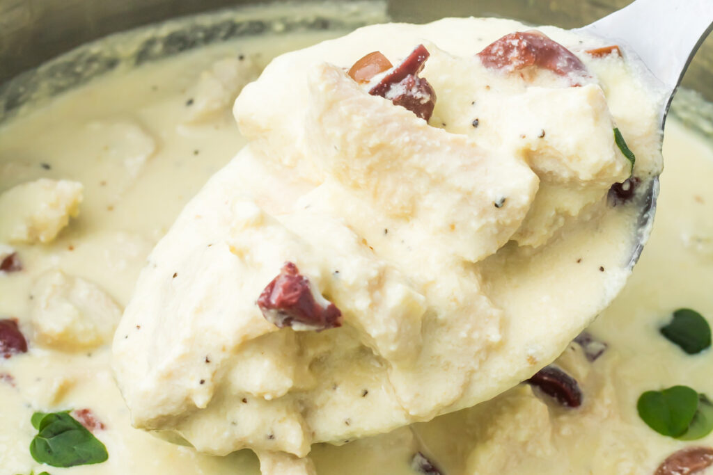 A close-up of a spoonful of creamy chicken in Greek yogurt sauce with sun-dried tomatoes and herbs.
