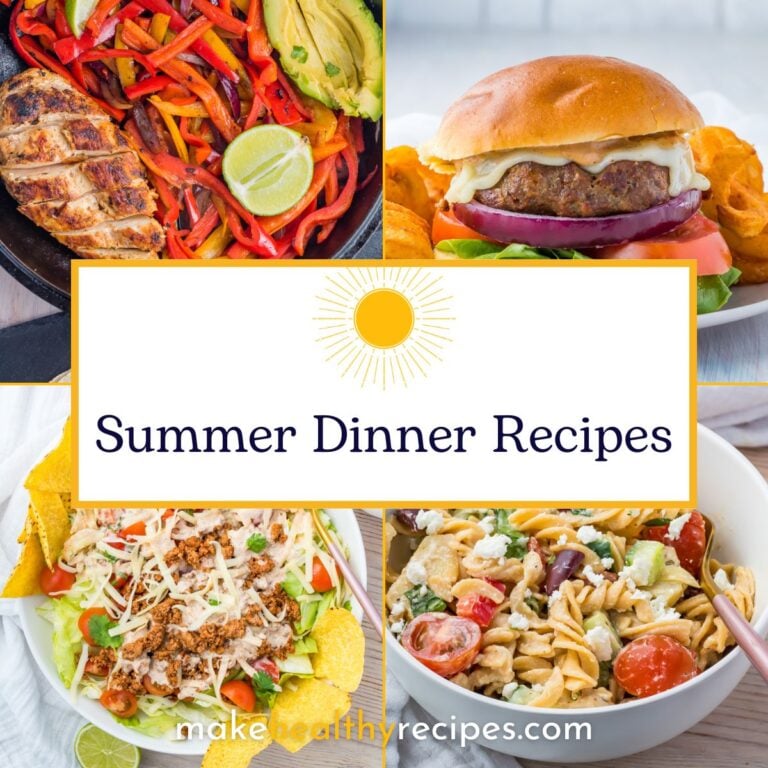 Four summer dinner recipes: grilled chicken with peppers and avocado, a burger with curly fries, taco salad, and pasta salad. Text overlay reads "Summer Dinner Recipes.