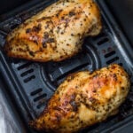 Two seasoned, cooked chicken breasts in a ninja air fryer basket, with browned tops and visible herbs on the surface.