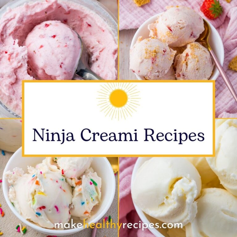 Four images showcase delicious Ninja Creami Ice Cream Recipes, each featuring a unique flavor. The text "Ninja Creami Recipes" is displayed at the center, highlighting creative ways to enjoy homemade ice cream.