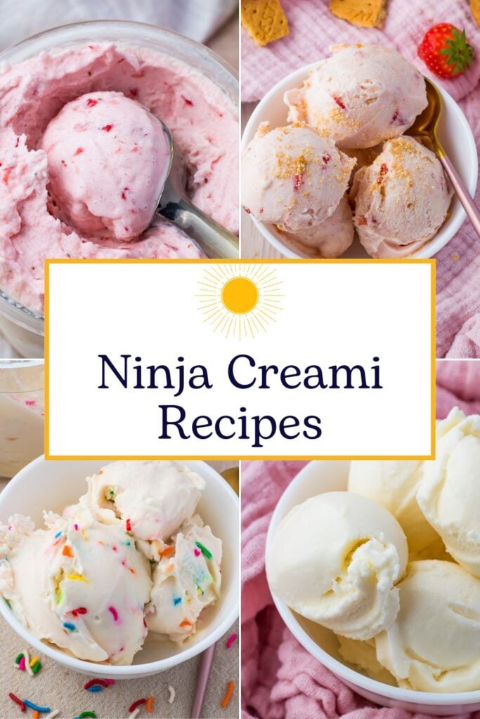 Collage of four bowls featuring different Ninja Creami ice cream recipes and textures, with the text "Ninja Creami Recipes" in the center.