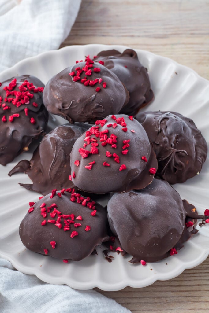 A plate of chocolate-covered frozen yogurt bites topped with small red sprinkles, arranged on a white dish.